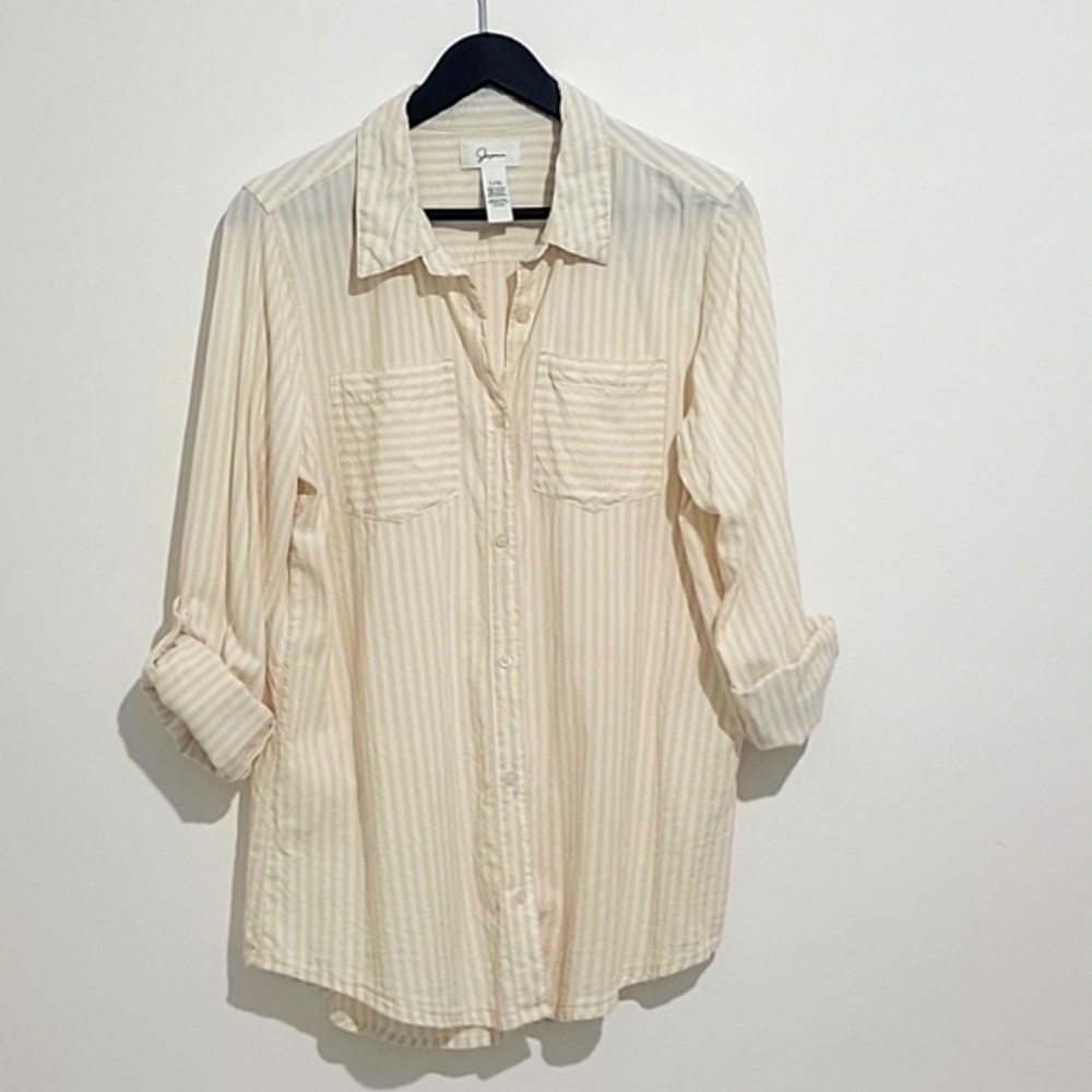 JAPNA WOMEN'S LONG SLEEVE ROLL TAB SLEEVE BUTTON DOWN SHIRT STRIPED cotton/rayon
